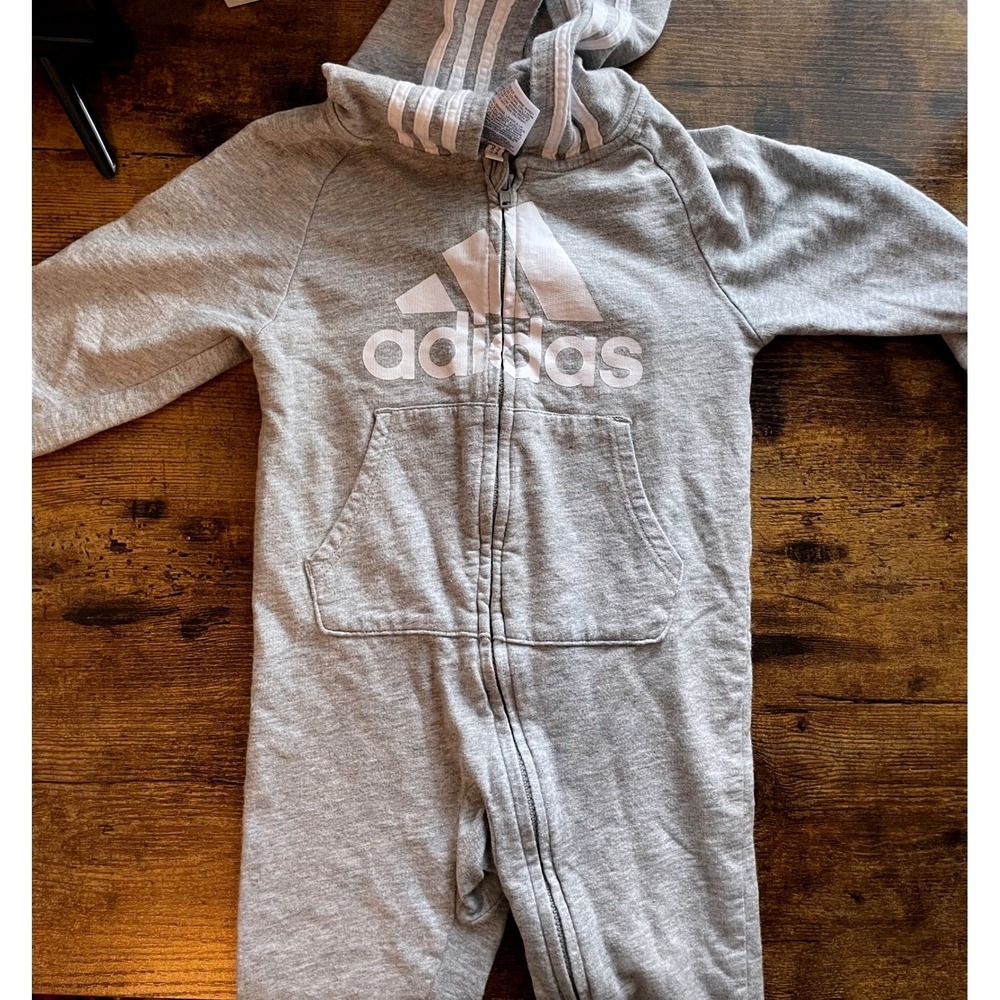 Adidas Logo Grey Hooded Onesie 12 mo Zip one piece Coverall 100% Cotton Baby Boy